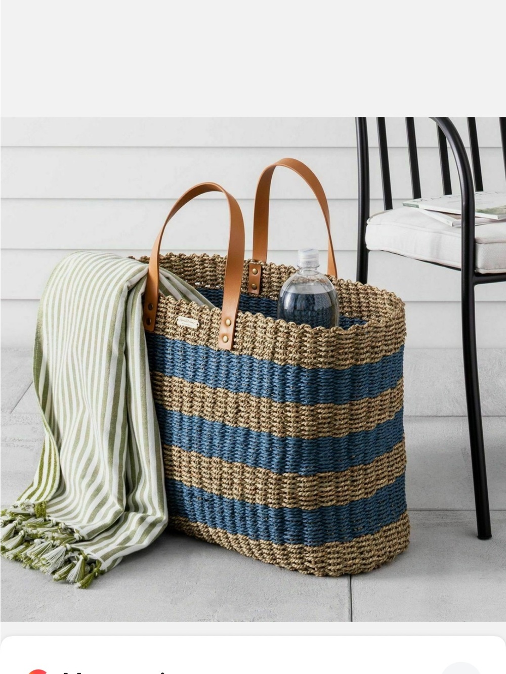 Hearth & Hand Woven Seagrass Summer Blue Striped Tote w/ Leather Handle